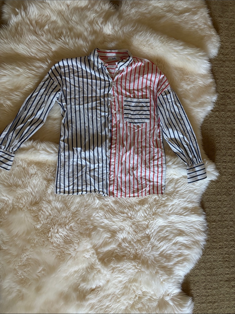 Women's Two-Tone Striped Button-Down Shirt in Blue & Red
